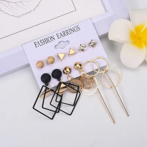 Fashion Frill Delicate Geometric Golden Drop Earrings (6 pairs)